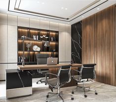 an office with marble floors and wooden walls, along with black leather chairs and desks