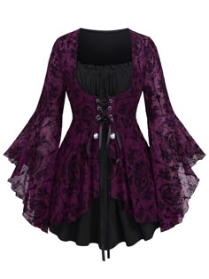 PRICES MAY VARY. Featurel--Gothic style, square neck, lace-up, costume top, long sleeves, ruffles, colorblock, flower print, two tone, buttons Matching--This gothic top can be worn not only with jeans, flares, shorts, and skirts. as everyday fashionable wear but also with hats, necklaces, boots, etc. as a vampire role-play on Halloween. Also, a Renaissance costume or carnival costume is also a good option. Occasions--This long sleeves tee is suitable for daily, halloween witch costume, Renaissan Zuul Costume Pattern, Plus Size Singer Costume, Plus Size Alternative Clothes, Plus Size Cruella, Goth Plus Size, Outfits Goth, Medieval Shirt, Emo Shirt, Retro Steampunk