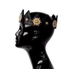 This is a Black Pebbled Leather Crown with Sundial Ornaments placed around the crown. This crown is Luxury! Velcro adjustable strap in the back allows for different head sizes and hair styles.  The perfect accessory to make a fashion statement and stand out in a crowd. Also perfect for special occasions ( Halloween, Birthday, Bachelorette, New Years Parties).  Measurements : Adjustable up to 25 inches in circumference. 3 inches in height. Sun Dial, Leather Crown, Brimless Hat, The Fallen Angel, Angel Artwork, Crown Hat, Black Gems, Black Pebbles, Costume Hats