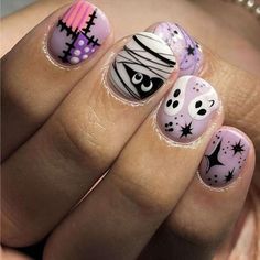 Halloween French Tip Press on Nails Short Square Fake Nails, Pink Press on Nails with Mummy Design Nails Short Square, Halloween Press On Nails, Halloween Acrylic Nails, Short Fake Nails, Press On Nails Short, Nails For Women, Nails Halloween, Halloween Nail Designs, Halloween Nail