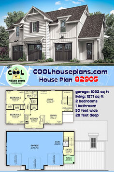 two story house plan with 3 car garage and attached living room, bedroom and bathroom