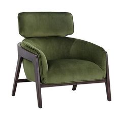 an upholstered green chair with dark wood legs and back rests against a white background