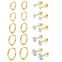 PRICES MAY VARY. 【Earrings Sets for Multiple Piercing】One order includes 5pairs small huggie hoop earrings and 5 pairs cubic zirconia flat back earrings. Suitable for first hole, second hole, third hole. And also can be used as cartilage hoop earring, helix piercing jewelry. Match yourself style. 【Huggie Hoop Earrings Size】 Dia:6/7/8/9/10mm. Thickness is 1.6mm(0.06 in). Gague is 0.8mm(20G). Lightweight and hypoallergenic gold cartilage hoop earring, helix, rook, daith, tragus for women. 【Flat Ba Gold Cartilage Earrings, Daith Piercing Jewelry, Tragus Piercing Jewelry, Helix Piercing Jewelry, Small Gold Hoop Earrings, Paired Jewelry, Earrings Sets, Cartilage Earrings Hoop, Cartilage Hoop