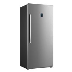 a silver refrigerator freezer sitting on top of a white wall