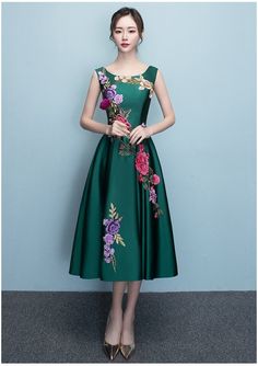 Lovely Dark Green Tea Length Simple Satin Bridesmaid Dress, Green Formal Dress Party Dress Tea Length Bridesmaid Dress, Bridesmaid Dress Green, Green Satin Prom Dress, Tea Length Bridesmaid Dresses, Green Formal Dresses, Floral Party Dress, Nature Dress, Color Rush, Make Your Own Dress