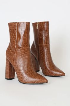 Tan Crocodile Pointed Toe Mid Calf Boots - Animal Print Boots - Lulus Brown Snake Boots, Heeled Boots Outfit, Crocodile Boots, Animal Print Boots, Chunky Heel Booties, Trendy Boots, Walk On The Wild Side, Boot Print, Pointed Toe Heels