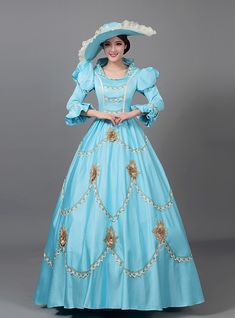 Blue Satin Long Sleeve Flower Rococo Baroque Dress Masquerade Party Dresses, Southern Belle Dress, Baroque Dress, Rococo Dress, Fancy Ball, Style Types, White Ball Gowns, Party Dresses Online, Satin Long Sleeve