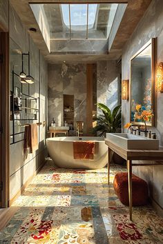 a bath room with a tub a sink and a mirror