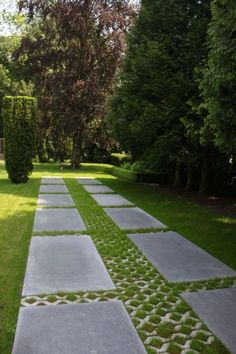 an outdoor walkway with grass and stepping stones