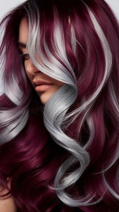 Red And Silver Hair Color Ideas, Burgundy Haircut, Maroon Hair With Highlights, Cherry Red And Blonde Hair, Burgundy Lowlights In Blonde Hair, Burgundy Blonde Balayage, Red And White Hair Color, Blonde With Burgundy Underneath, Grey Red Hair