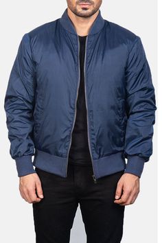 Bomber Jacket Style Blue Stretch Outerwear With Zipper Closure, Fitted Blue Outerwear With Ribbed Cuffs, Blue Outerwear With Ribbed Cuffs For Fall, Navy Nylon Outerwear For Spring, Navy Nylon Spring Outerwear, Blue Stretch Winter Outerwear, Blue Stretch Outerwear For Winter, Outdoor Jackets, Concept Clothing