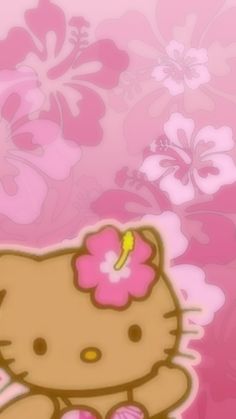 the hello kitty wallpaper is pink and has a flower in it's hair