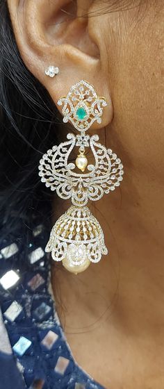 18 karat gold '4 in 1' detachable diamond jhumkas - diamond dangle earrings with color stones & south sea pearls
  width of the jhumka : 0.90 inches
  this product has inter changeable stones in the earrings
  
  note: only the front side has diamonds as shown in the picture, the back part of the jhumka which is not visible from the front is only gold without diamonds  

enhance your elegance with 18 karat gold diamond jhumkas    indulge in luxury with these exquisite 18 karat gold '4 Diamond Jhumkas, India Gift, Color Stones, Diamond Dangle Earrings, Gold Jewelry Indian, South Sea Pearls, Sea Pearls, South Seas, Screw Back Earrings