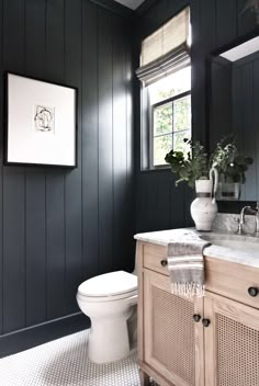 a white toilet sitting next to a bathroom sink under a window in a black wall