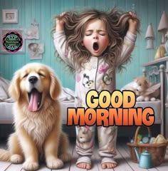 a dog and a girl in pajamas standing next to each other with the words good morning on it