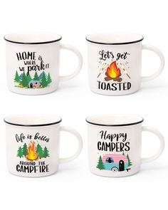 PRICES MAY VARY. GREAT COFFEE MUG SET - This camp-style ceramic mug set is perfect for enjoying your morning coffee or cool nights around the campfire. It also makes an excellent gift for your friends or family on birthdays, mother's day, holidays, housewarmings, etc. IDEAL FOR ALL BEVERAGES - Package includes 4pcs 10oz ceramic mugs, which measure 3.4"L x 3.1"W x 3.1"H. This 10oz. capacity ceramic mugs with a black rim and a comfortable C-handle grip is perfect for coffee, tea, and hot chocolate Cups For Coffee, Best Travel Gifts, Coffee Mug Set, Camp Style, Camping Lovers, Camping Coffee, Tea Milk, Black Rims, Coffee Mug Sets