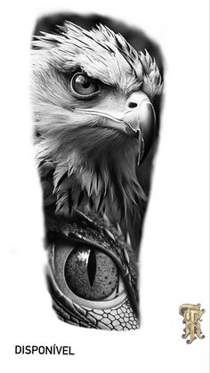 an eagle's eye is shown in this black and white tattoo art piece, with the words disponivel on it