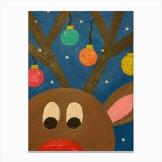 a painting of a reindeer's head with christmas ornaments on it