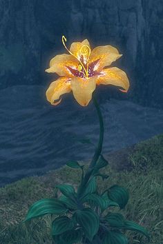 a large yellow flower sitting on top of a lush green field next to a body of water