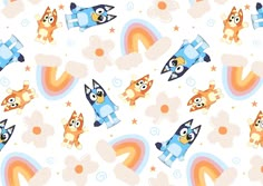 an image of a pattern with cats and rockets on the sky for children's wallpaper