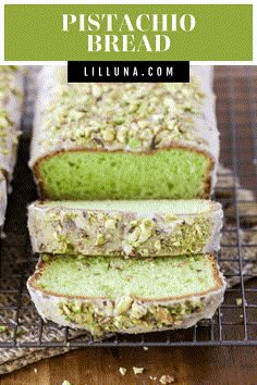 pistachio bread on a cooling rack with the words pistachio bread above it