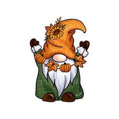 an image of a cartoon gnome with flowers on his head and hands in the air