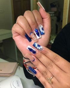 Nail Ideas For Prom Short, Short Royal Blue Nails With Rhinestones, Coffin Acrylic Nails Navy Blue, Royal Blue Acrylic Nails Christmas, Navy Blue Prom Nails Acrylic Short, Navy Blue Baddie Nails, Nail Ideas For Prom Blue, Navy Blue Nail Designs Short, Short Dark Blue Nails With Design