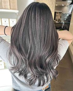 25 Stunning Ways To Do Grey Blending for Dark Hair Long Brown Hair With Grey Highlights, Dark Hair Grey Transition, Transiting To Grey Hair, Gray Blending On Dark Hair, Grey Blending For Brown Hair, Hide Grays In Dark Hair, Brown Hair Going Grey Going Gray, Mushroom Gray Hair Color, Silver Babylights On Dark Hair