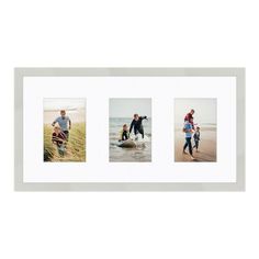 three pictures of people standing on the beach