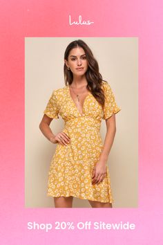 Go wandering through the wildflowers in the Lulus Garden Explorer Mustard Yellow Floral Print Mini Dress! This weekend-ready dress is sure to wow wherever you wear it, thanks to its darling white floral print, and soft woven construction (with dotted texture throughout). A deep V-neckline spices things up, while short sleeves with ruffle detail keeps things sweet. Banded empire waist gives way to a flared mini skirt. Hidden back zipper/clasp. Fit: This garment fits true to size. Length: Mid-thigh. Size medium measures 33.5" from shoulder to hem. Bust: Works best for A to C cup sizes - consider sizing up for fuller bust. Waist: Fitted - very fitted at natural waist. Hip: Not Fitted - room for hips. Undergarments: May be worn with petals, or no bra. Fabric: Fabric has no stretch. Front of bo Ditsy Floral Print V-neck Dress For Garden Party, V-neck Floral Dress With Ditsy Print, Ditsy Floral Print V-neck Sundress, Mini Floral Dress With Ditsy Print For Brunch, V-neck Sundress With Ditsy Floral Print, V-neck Sundress With Ditsy Floral Print For Day Out, Floral Printed Mini Dress For Brunch, Flowy A-line Mini Dress With Floral Print, Spring V-neck Printed Sundress