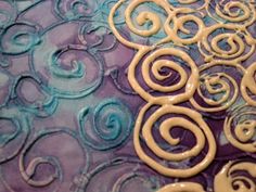 an abstract painting with swirls and circles in blue, purple, and white colors