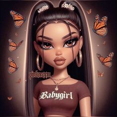 an image of a barbie doll with butterflies around her head and the words babygirl on it