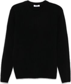 Classic Black Sweater With Ribbed Cuffs, Black Wool Long Sleeve Sweater, Black Merino Wool Crew Neck Sweater, Classic Black Merino Wool Sweater, Black Ribbed Wool Sweater, Black Merino Wool Sweater With Ribbed Collar, Classic Black Sweater With Ribbed Collar, Black Fine Knit Cashmere Sweater, Fine Knit Black Cashmere Sweater