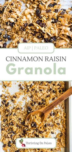 cinnamon raisin granola on a baking sheet with a wooden spoon