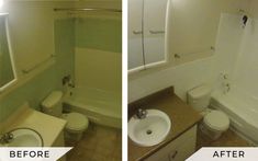 before and after pictures of a bathroom remodel with tub, sink, toilet and shower