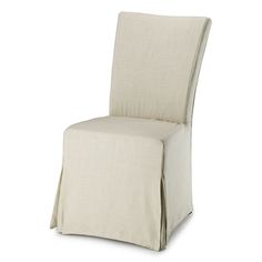 a white chair with a beige cover on it's back and seat cushion in the shape of a rectangle