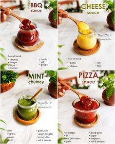 four different types of sauces in small bowls and on wooden spoons with text below