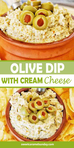 Olive dip in a small bowl with sliced olives on top. There is text written between 2 images. Green Olive Dip, Olive Dip Recipe, Olive Dip, Best Dip Recipes, Olive Recipes, Cream Cheese Dips, Dip Recipes Easy, Spread Recipes, Green Olives