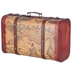 an old world map suitcase on white background