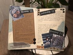 an open scrapbook with pictures and words on the pages is sitting on a table