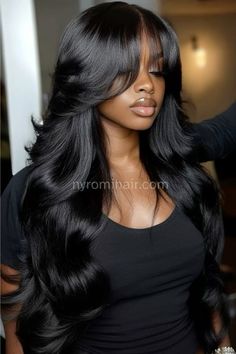 Frontal Fringe Bangs, Women In Wigs, Curls With Layers Black Women, Bangs Sew In Black Women, Traditional Sewin With Bangs, Long Hair Weave Styles For Black Women, Fringe Sew In Weave, Hair Bundles Hairstyles, Black Woman Weave Hairstyles