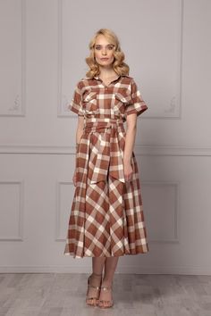 Gorgeous Summer Party Midi Dress, Wide Sleeves Waistline Dress, Beige and Brown Plaid Walking Skirt, Buffalo Belted Wedding Guest Dress - Etsy Brown Cotton Midi Dress For Daywear, Brown Cotton Midi Dress For Work, Elegant Plaid Cotton Dress, Fitted Brown Plaid Dress For Spring, Fitted Brown Plaid Dress, Brown Fitted Plaid Dress, Walking Skirt, Waistline Dress, Walking Dress