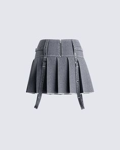 Spice up your wardrobe with this grey denim pleated mini skirt 😝 Complete with a pleated design, and hanging strap details for an edgy bad b*tch feel - this skirt is all you need to elevate your look 🖤 Denim Pleated Mini Skirt, Fem Outfits, Boss Lady Outfit, Lady Outfit, Grey Mini Skirt, Denim Outfits, Kpop Style, Graphic Top, White Jersey