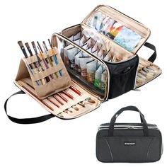 an open bag with various items inside it and the contents in it are neatly organized