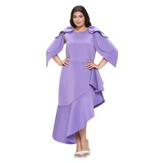 The asymmetrical hemline and unique cascading sleeves add a modern twist, making this dress a standout choice for any special occasion. Purple Asymmetrical Evening Midi Dress, Spring Purple Dress With Asymmetrical Neckline, Purple Dress With Asymmetrical Neckline For Spring, Asymmetrical Purple Midi Dress For Spring, Purple Asymmetrical Hem Dress For Spring, Neoprene Dress, Dress Lavender, Maxi Bodycon Dress, Plus Size Summer Dresses