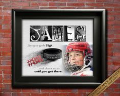 a hockey poster hanging on a brick wall next to a wooden frame with an inscription that reads