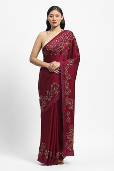 Wine saree embroidered with floral gold zari and sequins. Comes with matching running blouse piece. - Aza Fashions Wine Saree, Satya Paul, Buy Wine, Polyester Satin, Blouse Piece, Aza Fashion, Blouses For Women, Chiffon, Saree