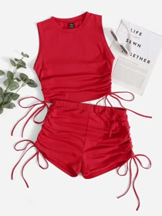 Red Casual Collar Sleeveless  Plain  Embellished Slight Stretch Summer Women Clothing Red Crop Top Outfit, Short Vermelho, Cute Outfits With Shorts, Crop Top Swimsuit, Tank Top Shorts, Cute Nike Outfits, Summer Shorts Outfits, Coat Trends, Cute Dress Outfits