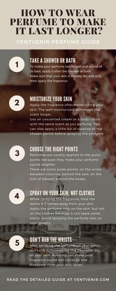 How to wear perfume and make it last longer. Perfume guide with useful perfume tips by Ventvenir. How to wear fragrance for women and for men and make it last longer. #ventvenir #perfume #fragrance #howto #perfumeguide #perfumetips #howtowearperfume #howtoapplyperfume #longlastingperfume #perfumelongevity #perfumelastlonger #beauty tips Parfum Quotes, Perfume Tattoo, Perfume Guide