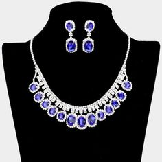 Rhinestone Trim Blue Oval Stone Accented Silver Necklace Set Sparkle Armand Silver Necklace Set, Rhinestone Trim, Oval Stone, Sapphire Blue, Pierced Earrings, Glass Crystal, Earings Piercings, Necklace Set, Jewelry Set